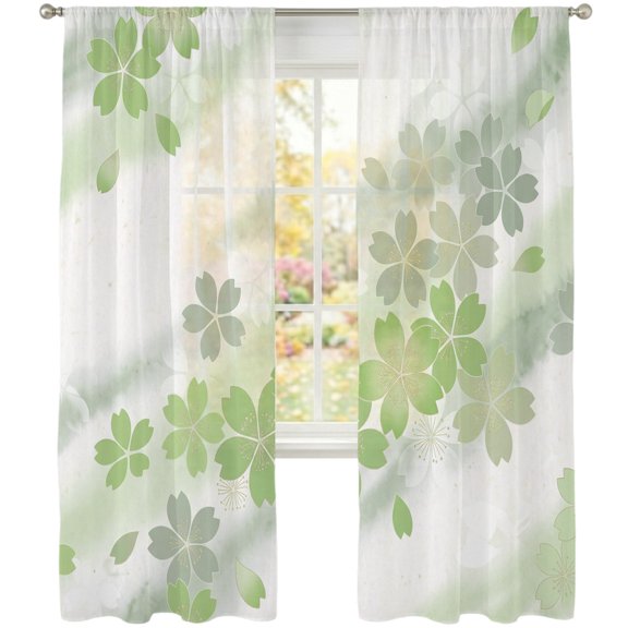 Green Cherry Blossoms Sheer Curtains 84 Inch Long 2 Panels Abstract Green Ombre Floral Petals Light Filtering Rod Pocket Curtains, Sheer Voile Drapes for Living Room Bedroom 52"x84"