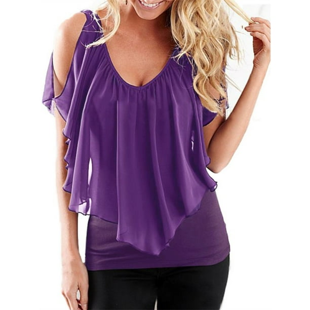 SySea - Double Layer Women Casual Cold Shoulder Chiffon Blouse Tops ...