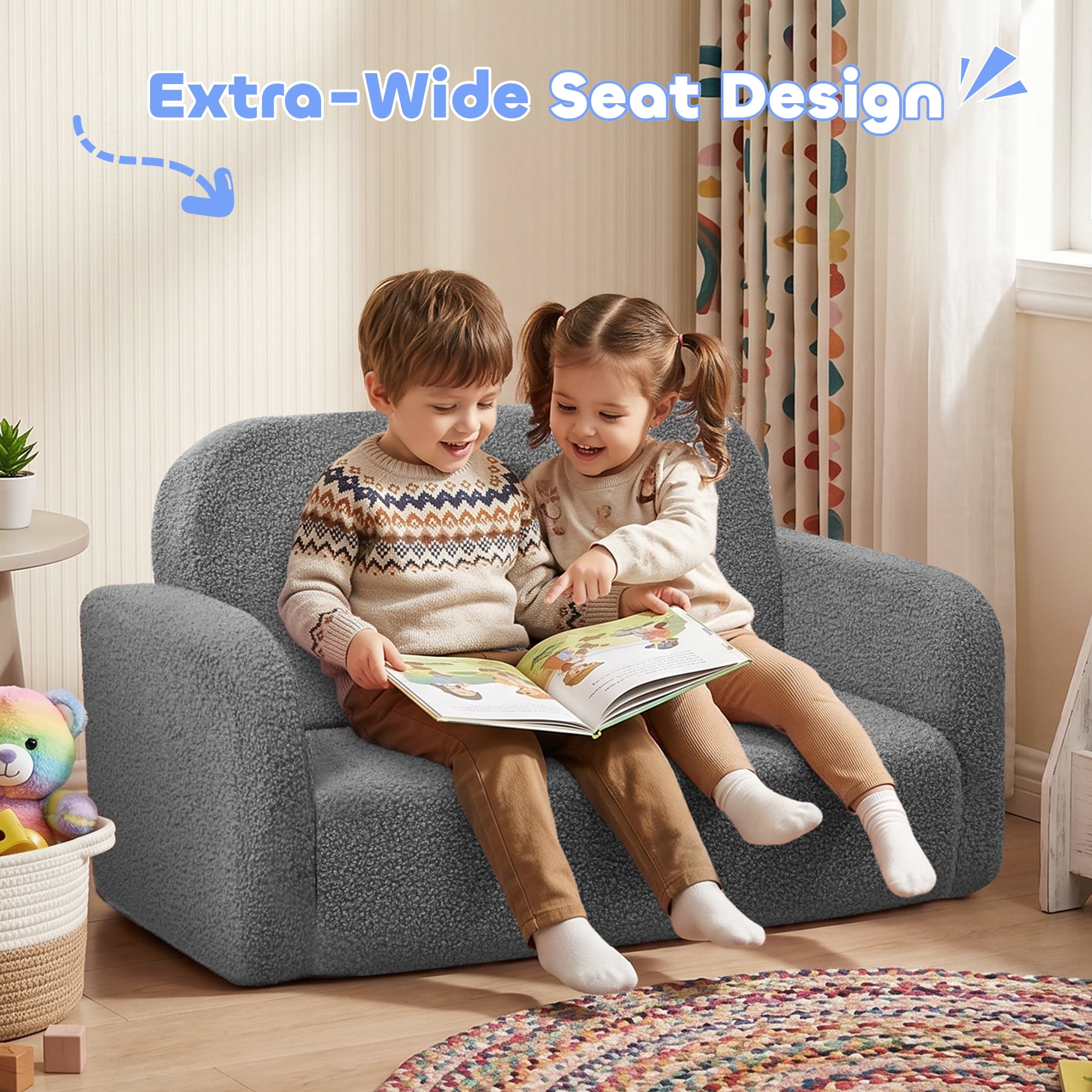 Babyeap Extra Wide Kids Chair,2-in-1 Convertible Toddler Chairs,Soft Comfy Kids Couch, Kids Sofa for Boys & Girls 3+,Deep Gray