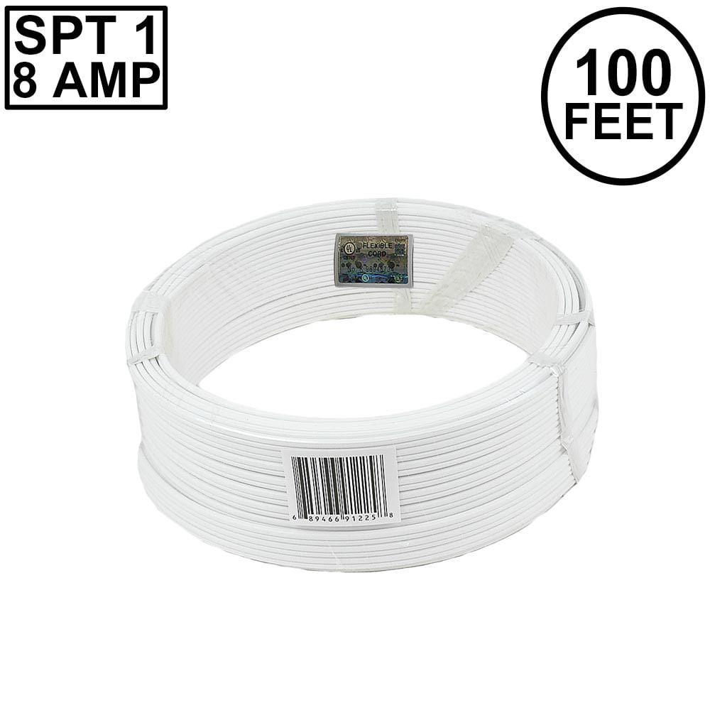 Novelty Lights 100' White SPT-1 Zip Extension Cord Wire Spool, Make Custom Extension Cord, 18 AWG Wire
