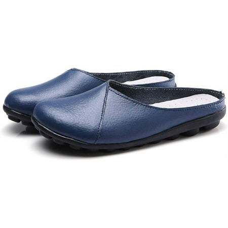 Women s Loafers Slip-on Leather Shoes Open Back Mule Casual Flat Shoes Comfortable Summer Slipper