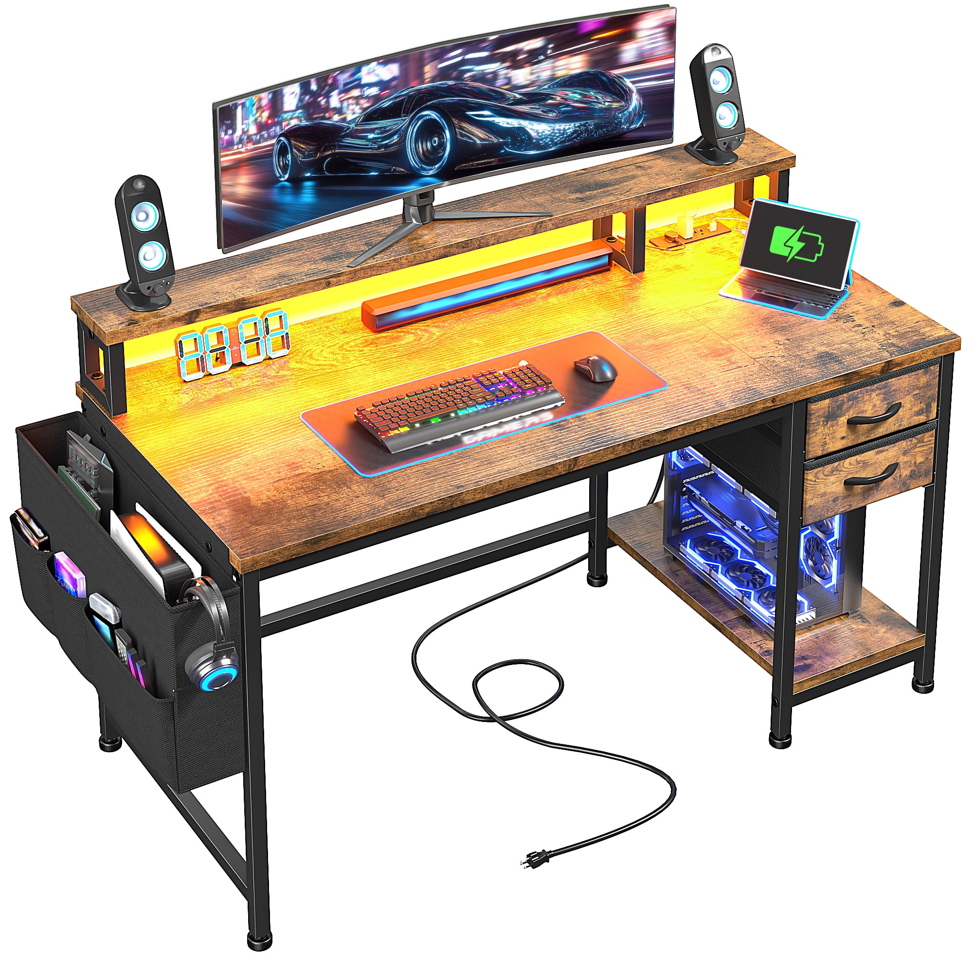 EnHomee 40" Desk with Power Outlets and LED Lights, Computer Desk with Drawers & Storage, Gaming Desk with Monitor Stand, Rustic Brown