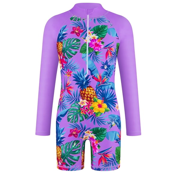 REDARER Girls' Fashion Leaf Printed Long Sleeve Swimming Sunscreen ing Swimsuit,Girls Swimsuit,8-9Y