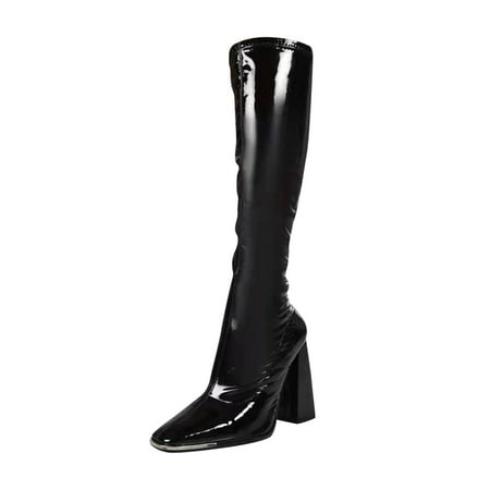 

Womens Head Thick Heel Bright Leather High Heel Boots Side Zipper Middle Boots Summer Winter Cowgirl Cowboy Boots Shoes Western Trendy Rain Snow Weather Hiking Work Boot