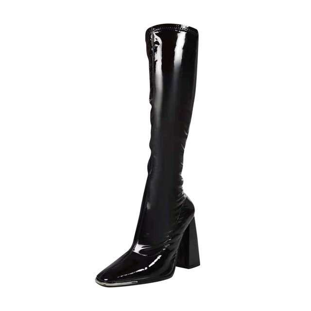 Womans Head Thick Heel Bright Leather High Heel Boots Side Zipper Middle Boots