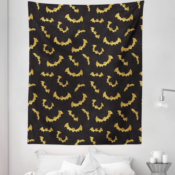 Halloween Tapestry, Repeating Pattern of Bats and Spider Webs Spooky Fun Themed, Fabric Wall Hanging Decor for Bedroom Living Room Dorm, 5 Sizes, Charcoal Grey and Dark Yellow, by Ambesonne