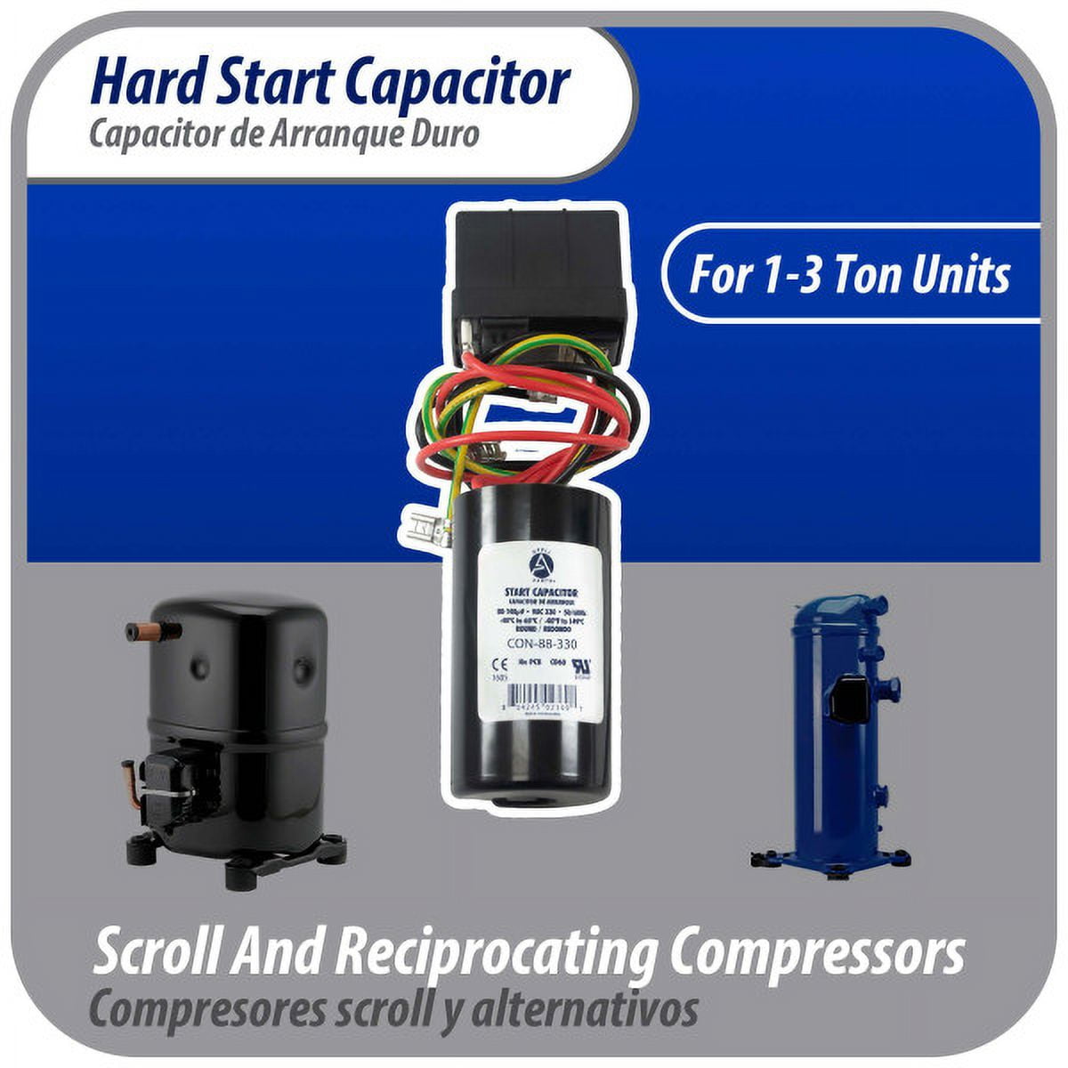 Appli Parts APHS-1 1 to 3 TON Hard Start kit 208-244 V, 1 Ph for air conditioner includes Capacitor 88-108mfd 330V and Potential Relay for Air Conditioner scroll and reciprocating compressors