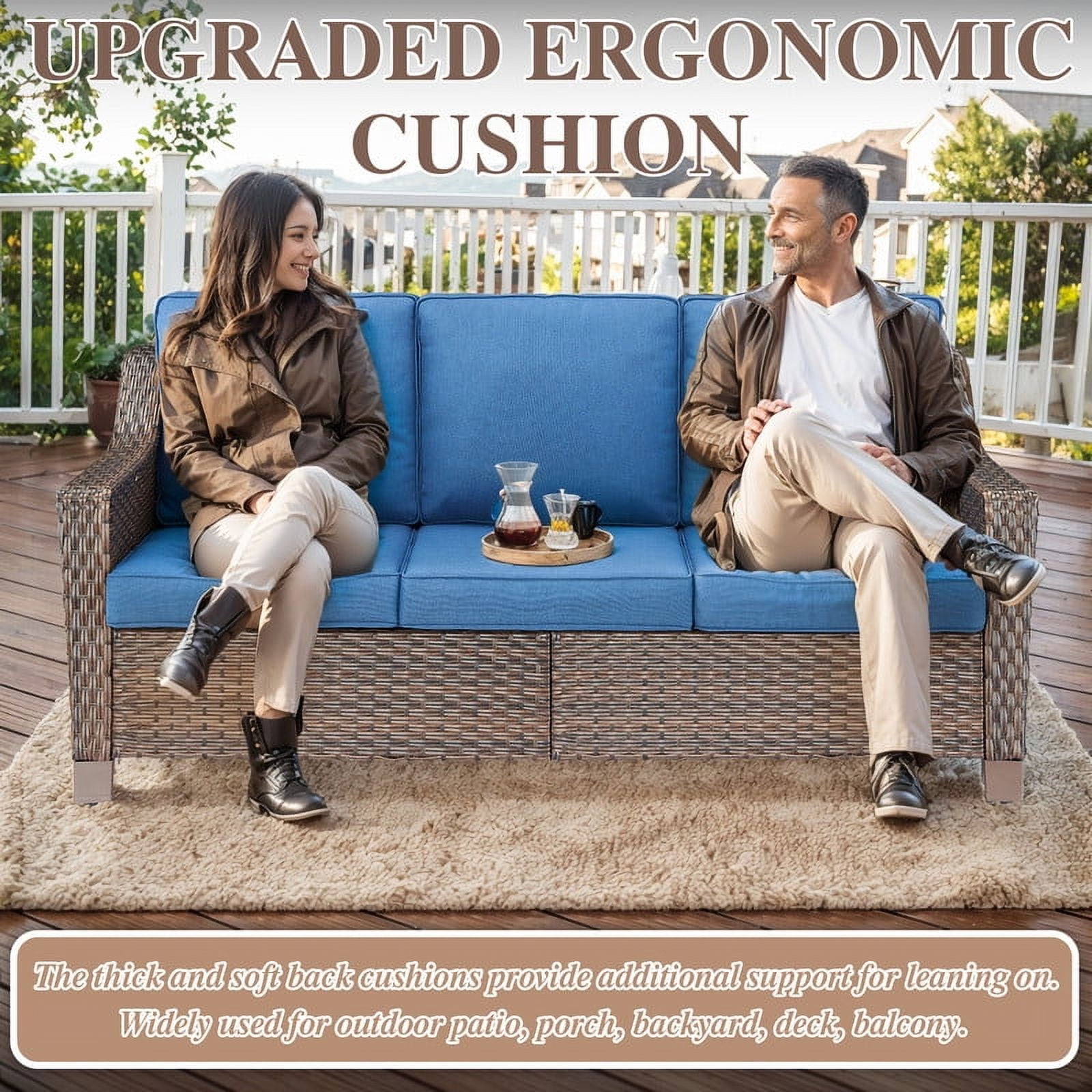 PARKWELL 9 Pieces Outdoor Patio Furniture Set 9-Seat High Back Wicker Conversation Set with Swivel Glider Chairs,Brown Wicker Navy Cushion