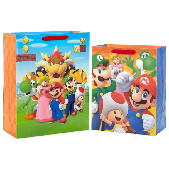 Hallmark Nintendo Super Mario OKA4Brothers Gift Bags (1 Large, 1 Extra Large) Luigi, Princess, Yoshi, Toad