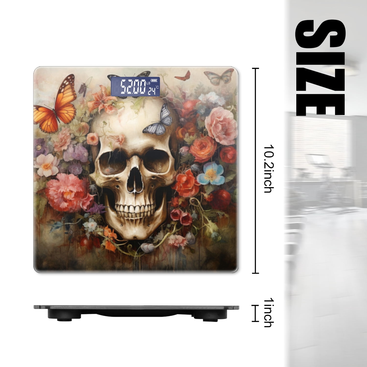 Bathroom Scale, Highly Accurate Digital Body Scale,Precisely Measures Weight up to 400 lbs-Skull Surrounded By Flowers And Butterflies With Rich Colors