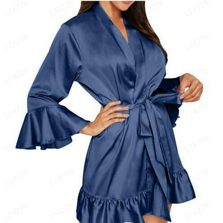 Women s Satin Robe - Ruffle Lingerie Kimono Bathrobe - Short Belted Robes Bridesmaids Sleepwear Dressing Gown