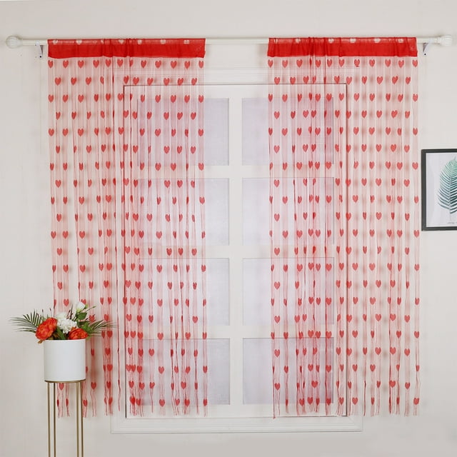 2 Panneaux Rideaux Transparents Cœurs d'Amour 78 Pouces de Long, Rideaux Transparents Filtrant la Lumière avec Poche pour Tringle, Rideaux à Franges en Feuille Légère, Rideaux de Fond en Dentelle Rouge avec Cœurs en Ficelle