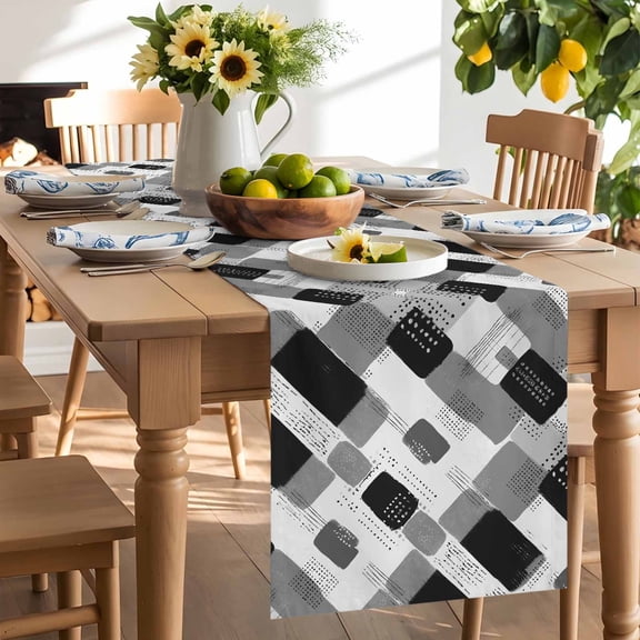 Black Grey Geometric Table Runner, Modern Abstract Black White Grey Blocks Washable Kitchen Table Runners Dress Scarves for Dining Table Decorations Party/Restaurant/Indoor Outdoor Use, 13x108in