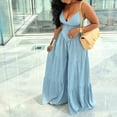 thumbnail image 3 of Morttic Solid Color Women's Tiered Wide Leg Jumpsuit – Deep V-Neck with Adjustable Spaghetti Straps and Button Detail Blue，S, 3 of 5