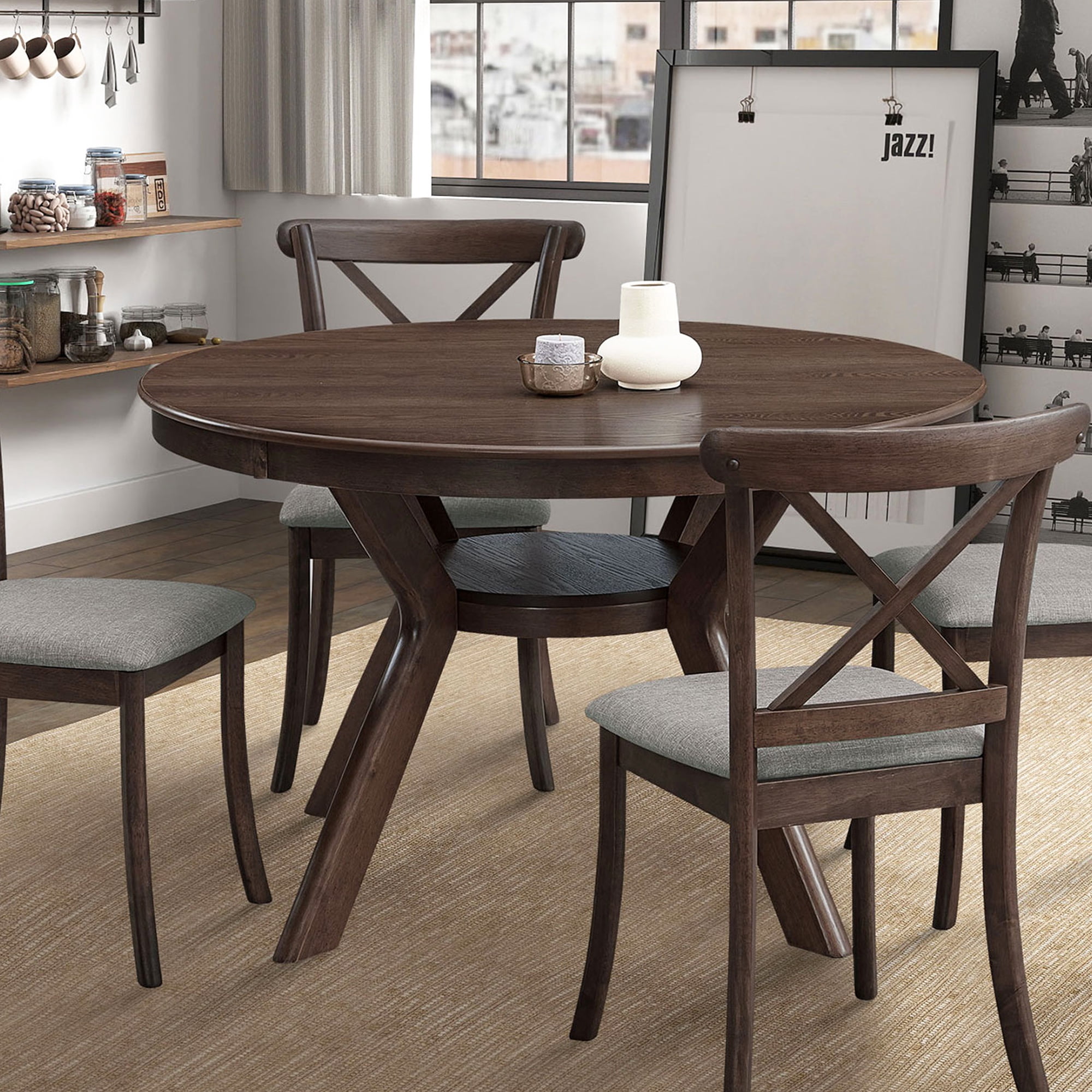 PORKISS 47" Round Dining Table for 4 People, Coffee Table, Modern Farmhouse Wooden Kitchen Table with Storage Shelf, Living Room, Dark Brown (Chairs Not Included)