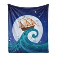 thumbnail image 1 of Moon Soft Flannel Fleece Blanket, Old Ship with Tempest Riding the Waves Full Moon and Stars Marine Cartoon Style, Cozy Plush for Indoor and Outdoor Use, 60" x 80", Blue Brown White, by Ambesonne, 1 of 6