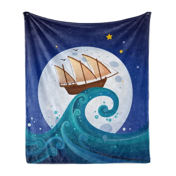 Moon Soft Flannel Fleece Blanket, Old Ship with Tempest Riding the Waves Full Moon and Stars Marine Cartoon Style, Cozy Plush for Indoor and Outdoor Use, 60" x 80", Blue Brown White, by Ambesonne