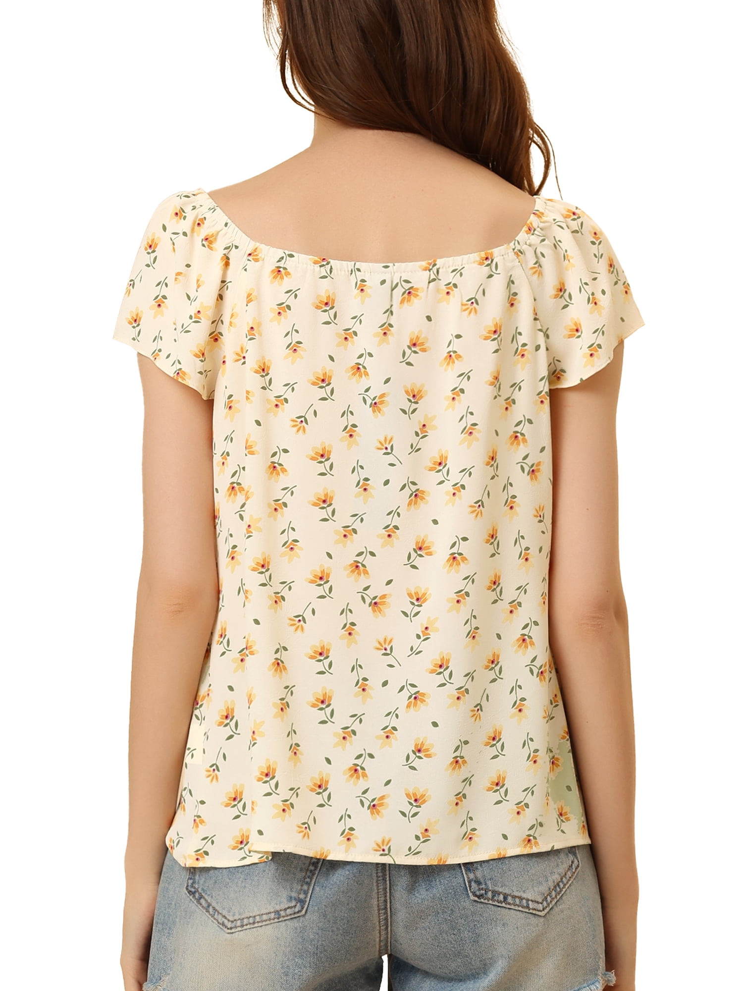 Unique Bargains Women's Summer Floral Printed Cap Sleeve Tops