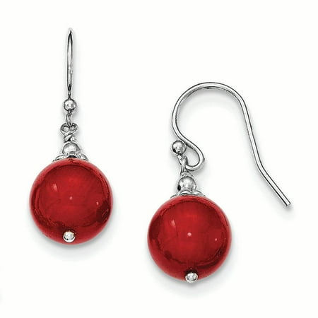 Coral Sterling Silver Dangle Bead - Sterling Silver & Dyed Red Coral Bead Dangle Shepherd Hook Earrings
