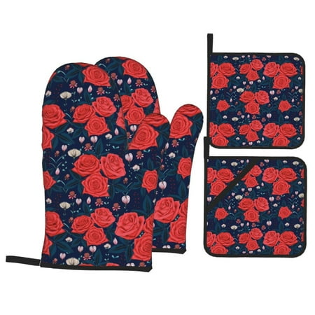 

Oven Mitts and Pot Holders Sets 4 pcs Lotus Root Rose Flowers Non-Slip Oven Gloves Potholders Soft Quilted Lining Heat Resistant Gloves Hot Pads for Kitchen Cooking Baking