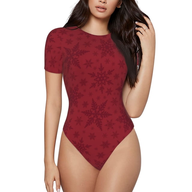 Saiise Grenouillère à Manches Courtes pour Femmes Motif Flocons de Neige Rouges de Noël Col Rond Pyjama Justaucorps Extensible avec Fermeture à Pression-TG
