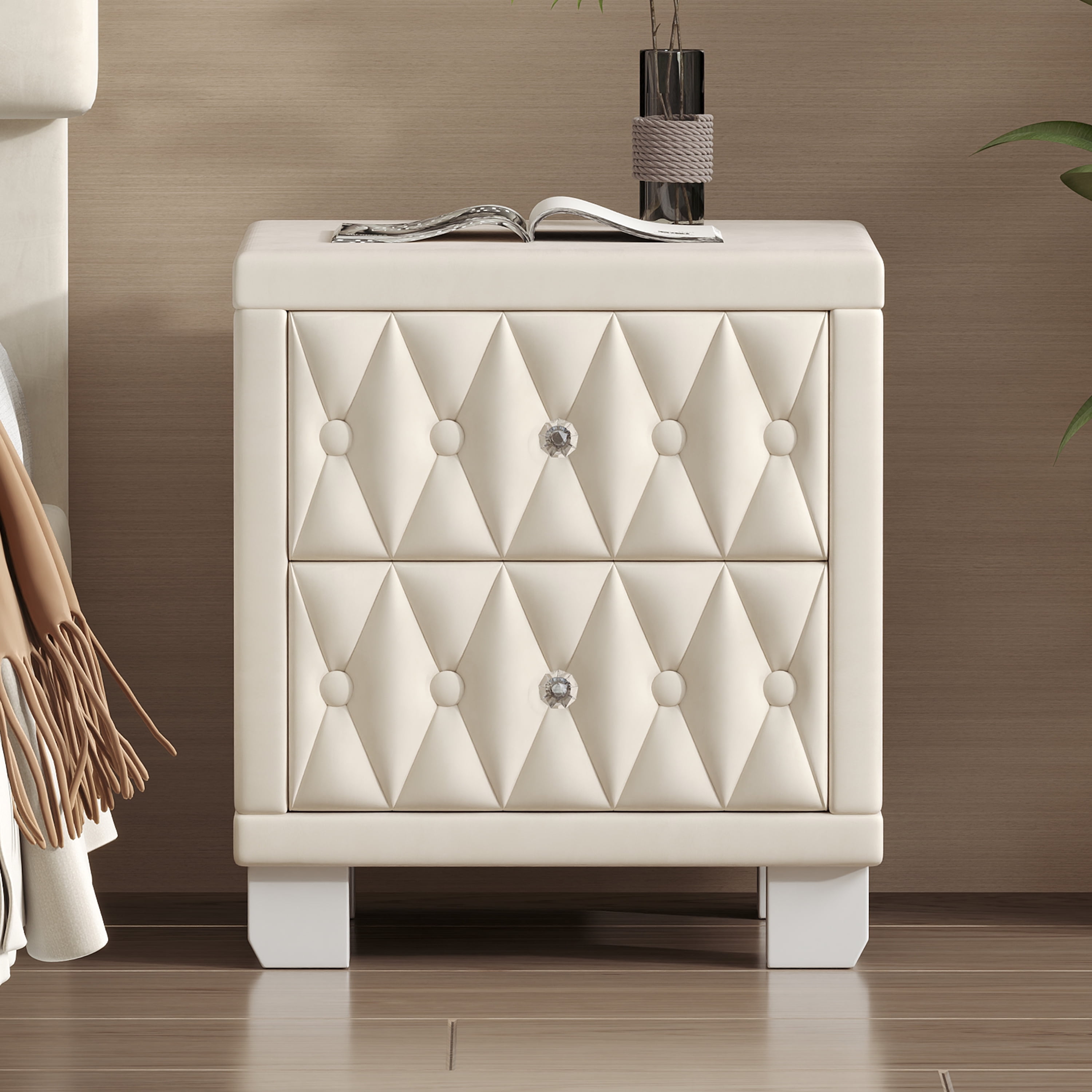 Euroco Velvet Nightstand with 2 Storage Drawers and Crystal Handle,Bedside Table End Table with Button-Tufted for Bedroom Living Room,Beige