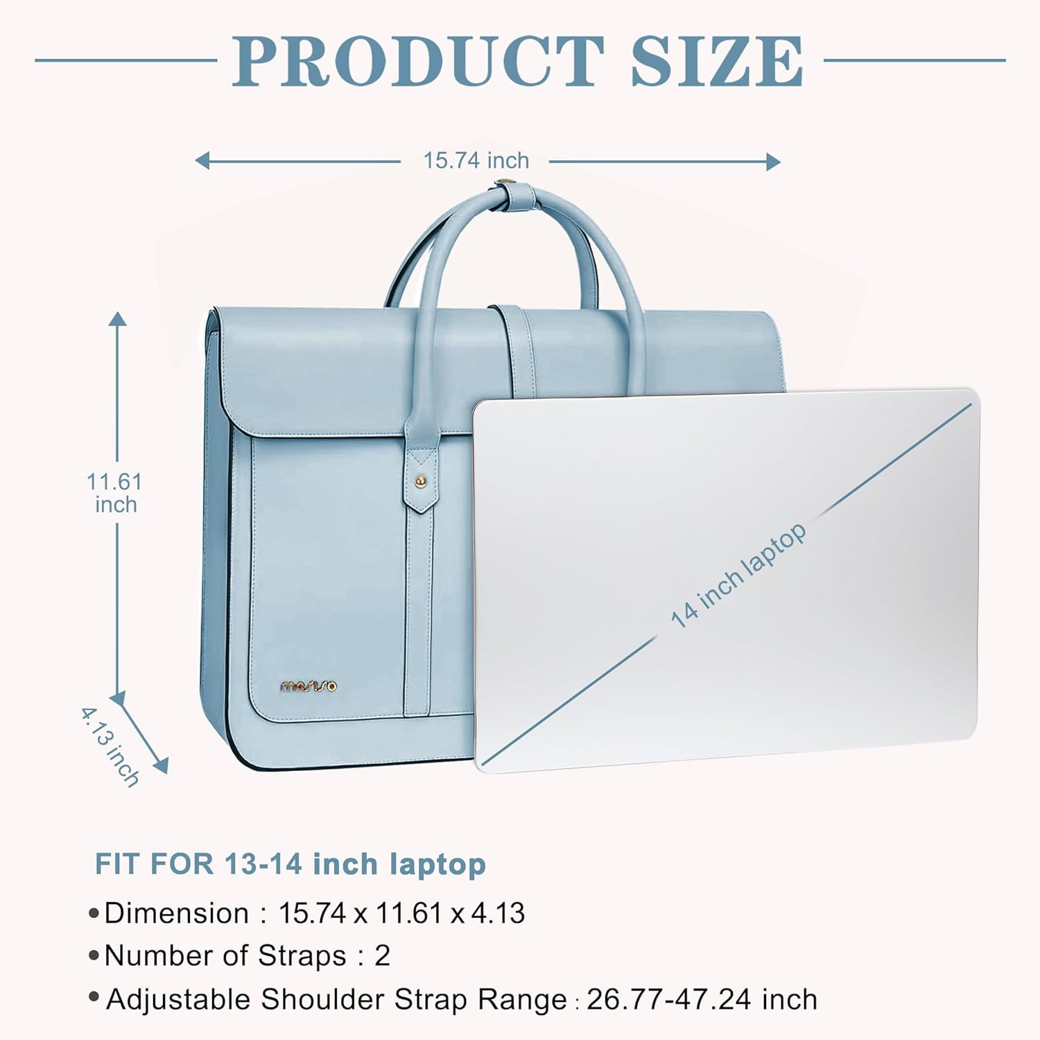 Mosiso Laptop Tote Bag for Women, 13-14 inch PU Leather Shoulder Bag Convertible Backpack, Casual Travel Handbag Office Work Computer Briefcase, Air Blue