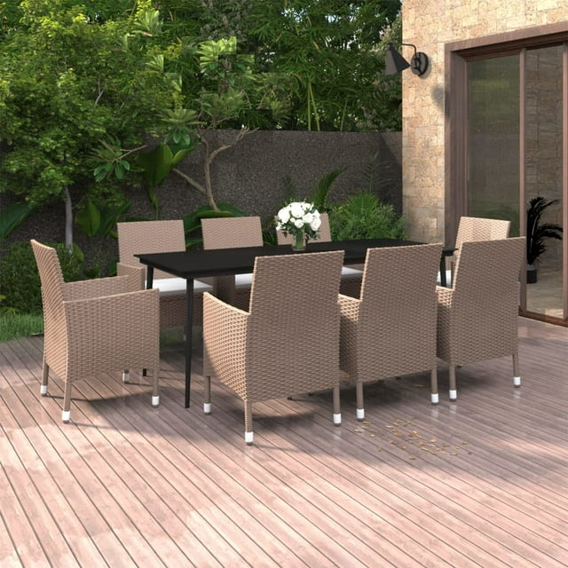 vidaXL 9 Piece Garden Dining Set with Cushions Poly Rattan and Glass
