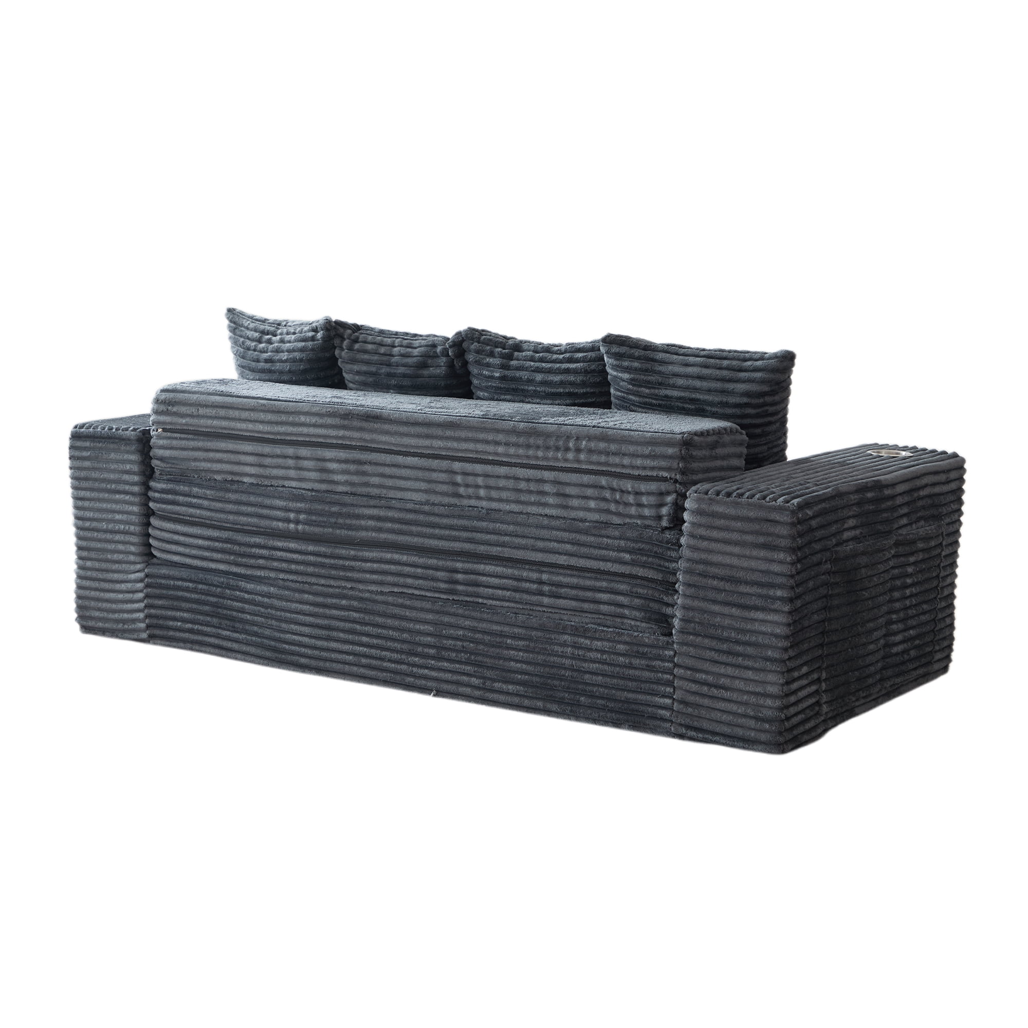 GARITIN Frameless Teddy Couch Bed 77 Inch, Boneless Corduroy Convertible Sofa with Cup Holders and Side Storage for Living Room, Grey