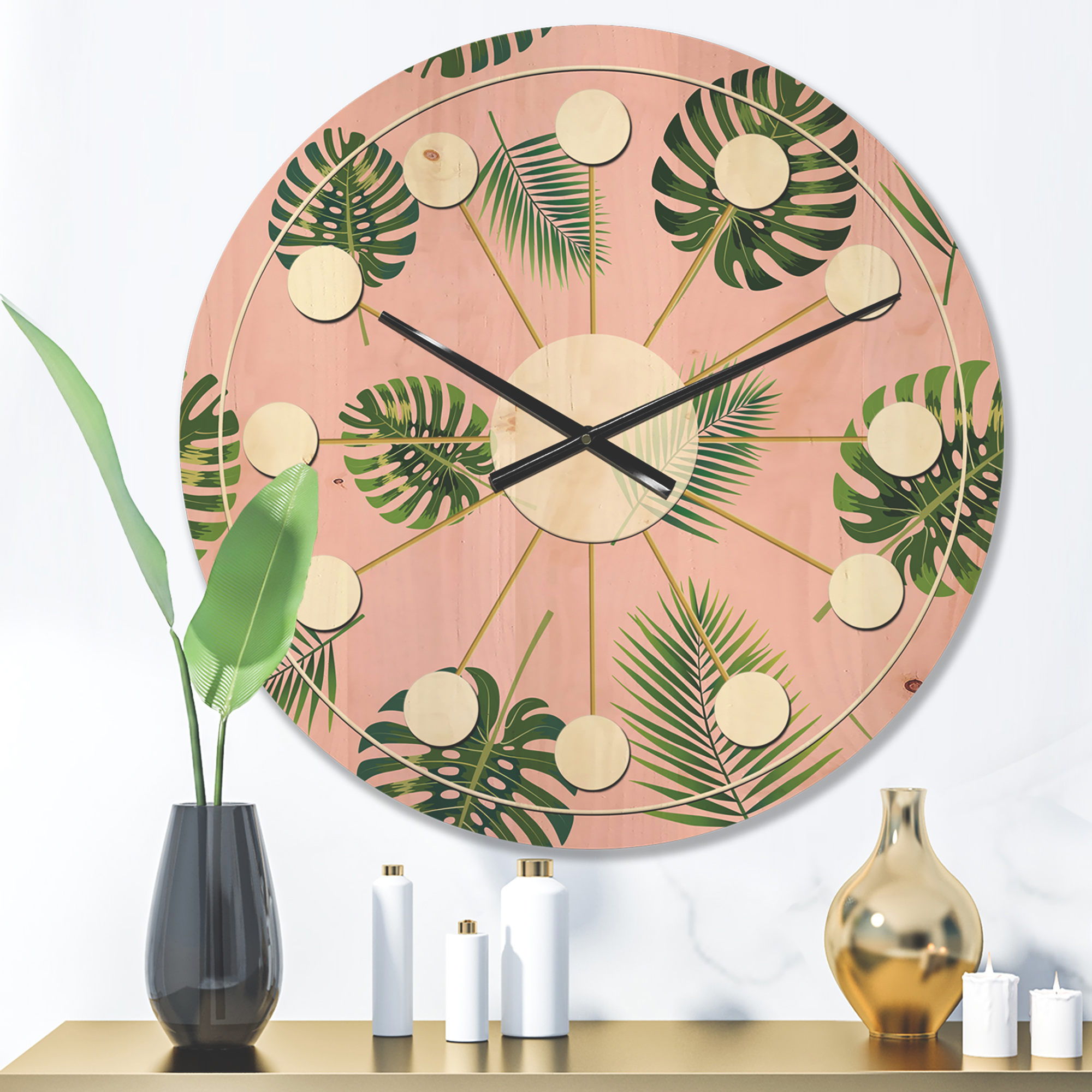 Designart 'Palm Tropical Leaves Retro Pattern' Mid-Century Modern Wood Wall Clock