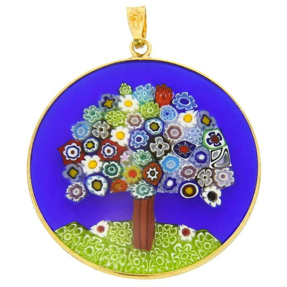 GlassOfVenice Murano Glass Millefiori Pendant "Tree of Life" in Gold-Plated Frame 1-1/2"
