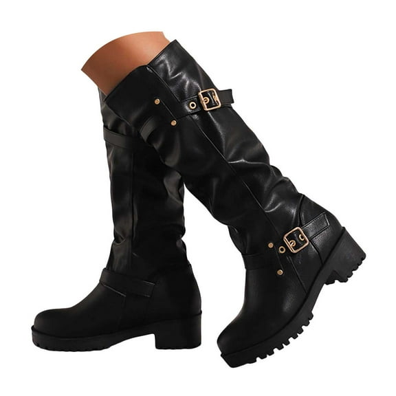 Mostsola Knee High Boots Women Low Heel Motorcycle Boots Lug Sole Platform Combat Boots