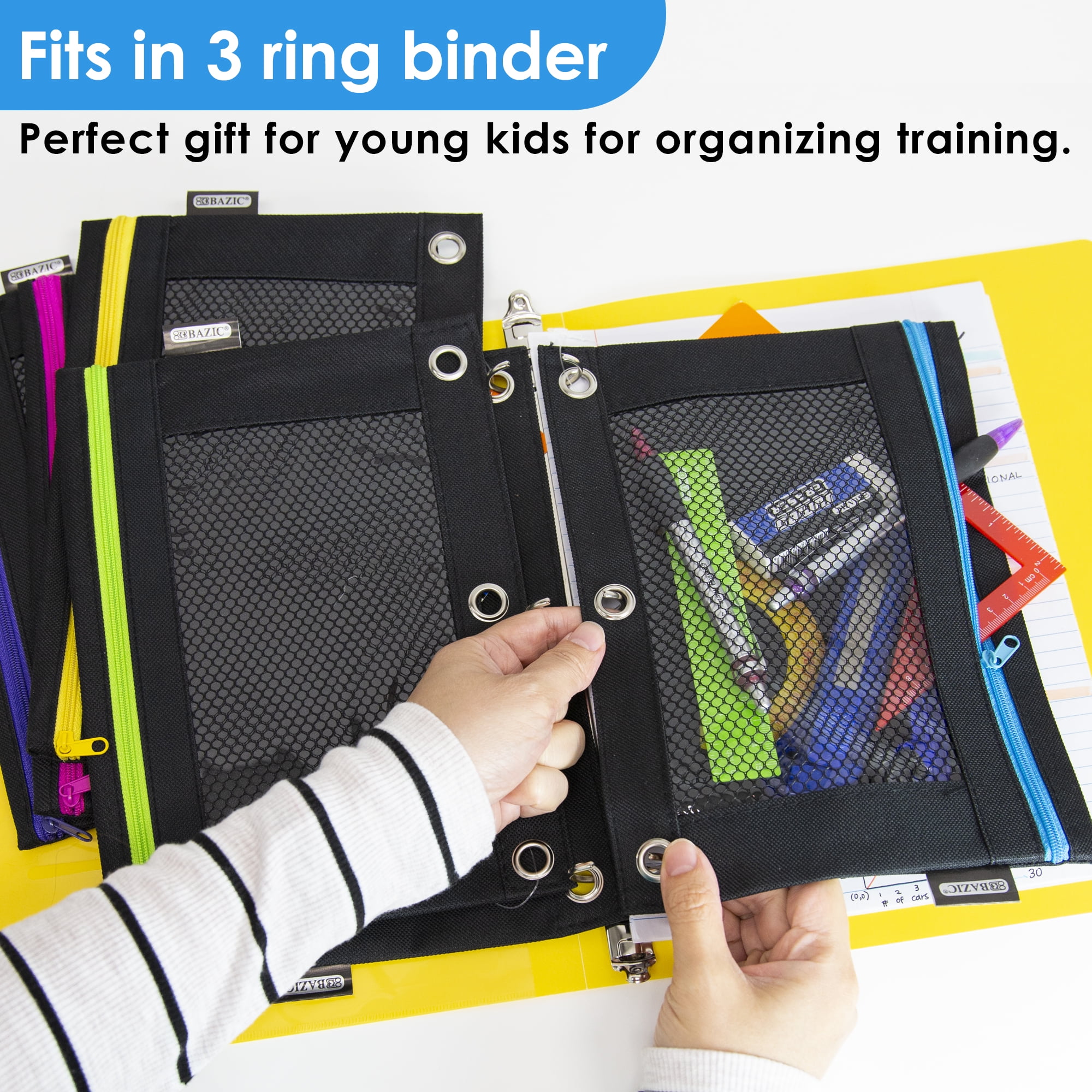 BAZIC 3 Ring Pencil Pouch, Mesh Window, Neon Black Color, 144-Pack