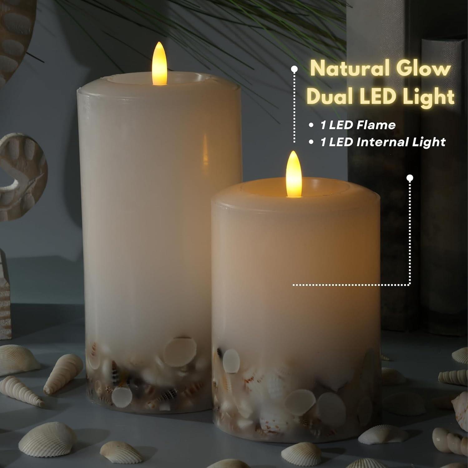 LUMIPUR Signature Coastal Collection Natural Glow Flickering Flameless LED Wax Pillar Candle with Seashell Embed (White, 3.5" x 7")