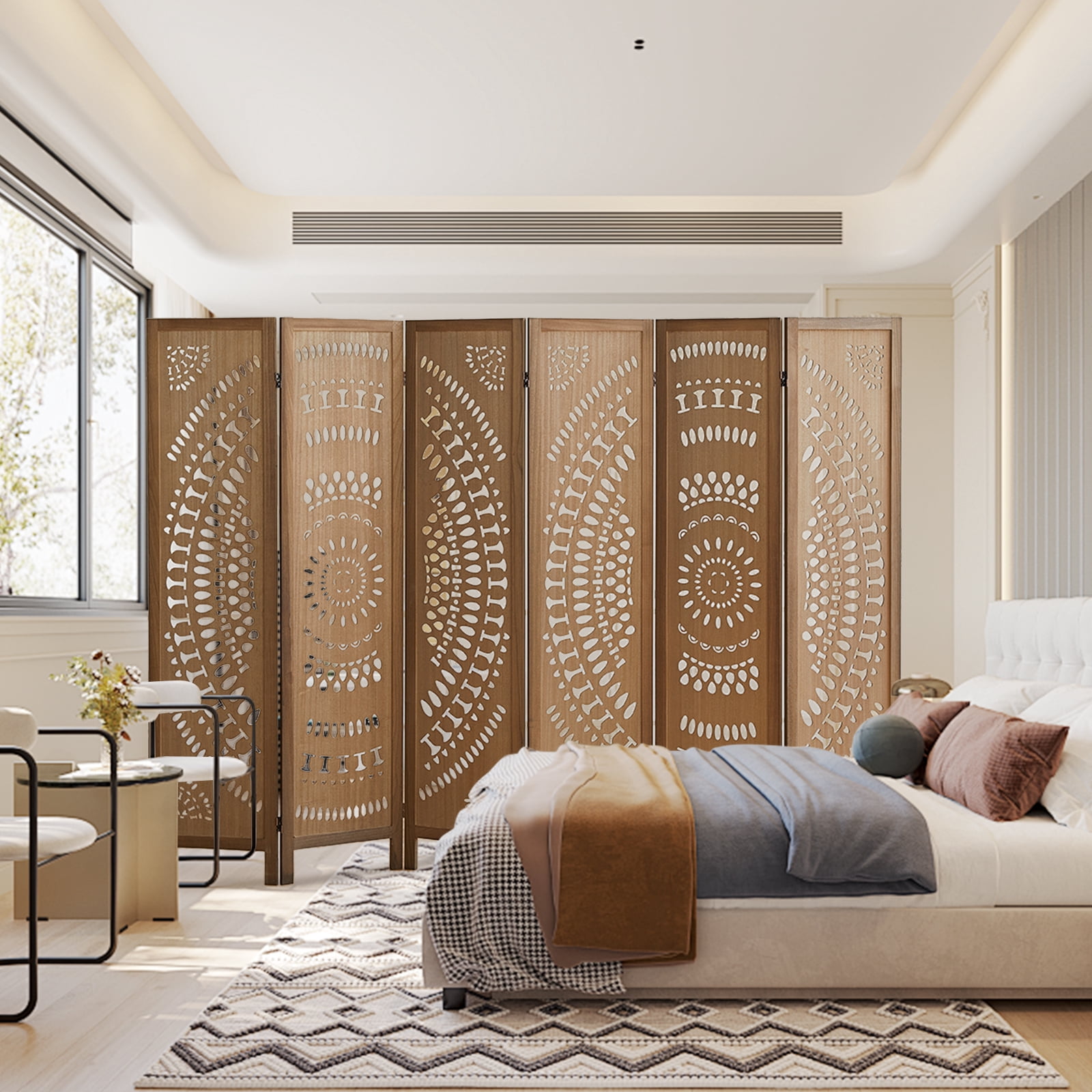 Aletheiawu 6 Panel Wood Carved Room Dividers and Folding Privace Screens, No Installation, Brown