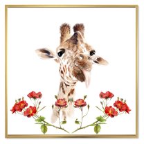 Designart 'Portrait of A Giraffe With Red Flowers I' Farmhouse Framed Canvas Wall Art Print