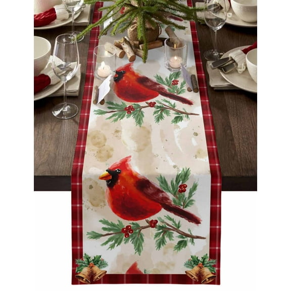 Christmas Table Runner Cardinal Bird Table Runners Holly Berry Snowy Christmas Bells Cotton Linen Dresser Scarf Kitchen Dining Table Decor for Christmas Holiday Party Decor 13x72 Inch
