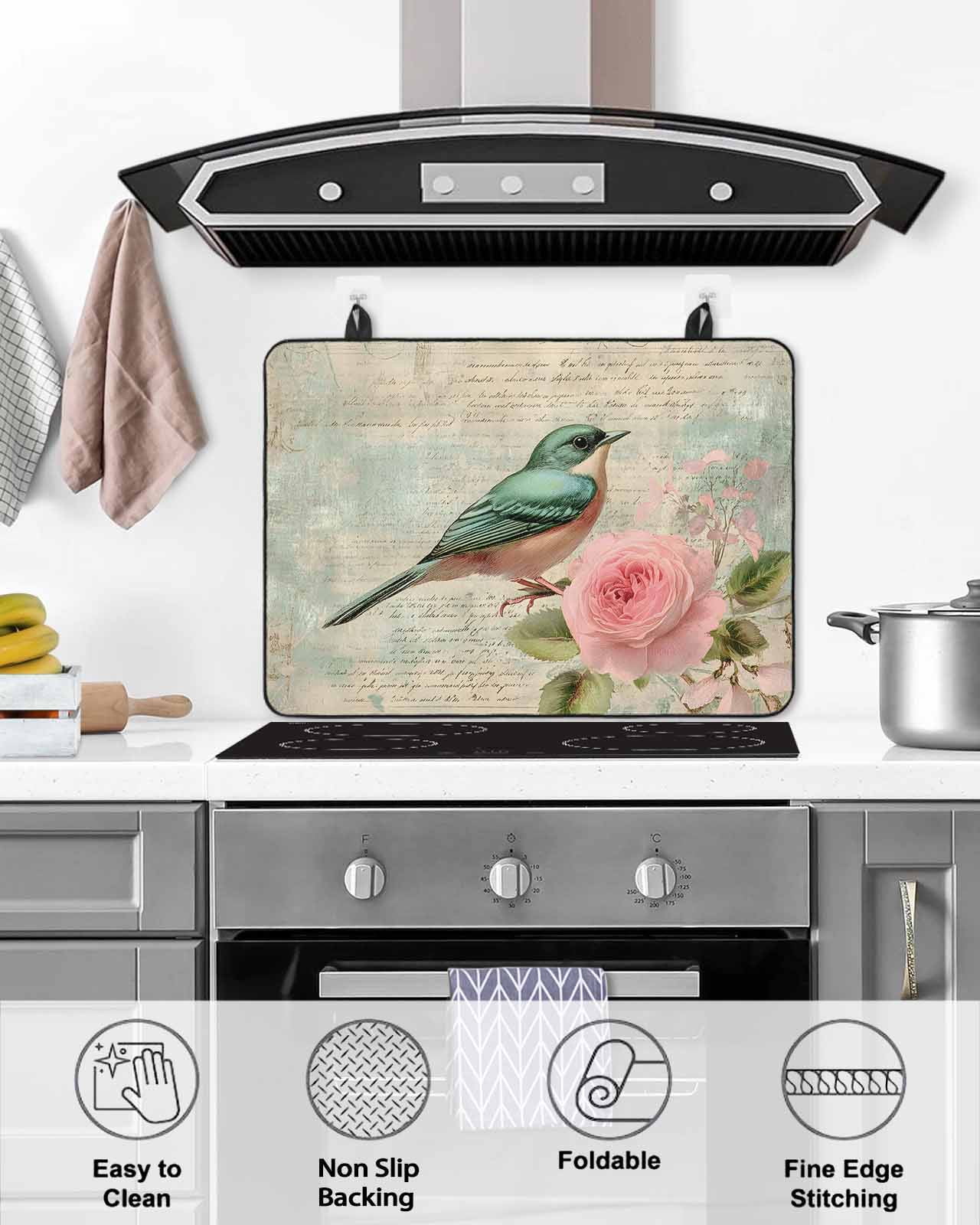nqOlkjepod Large Induction Cooktop Protector Mat 36"x21", Spring Pink Flower Stove Top Covers for Electric Stove, Green Bird Country Retro Mottled Stove Burner Cover Mats, Glass Top Stove Cover