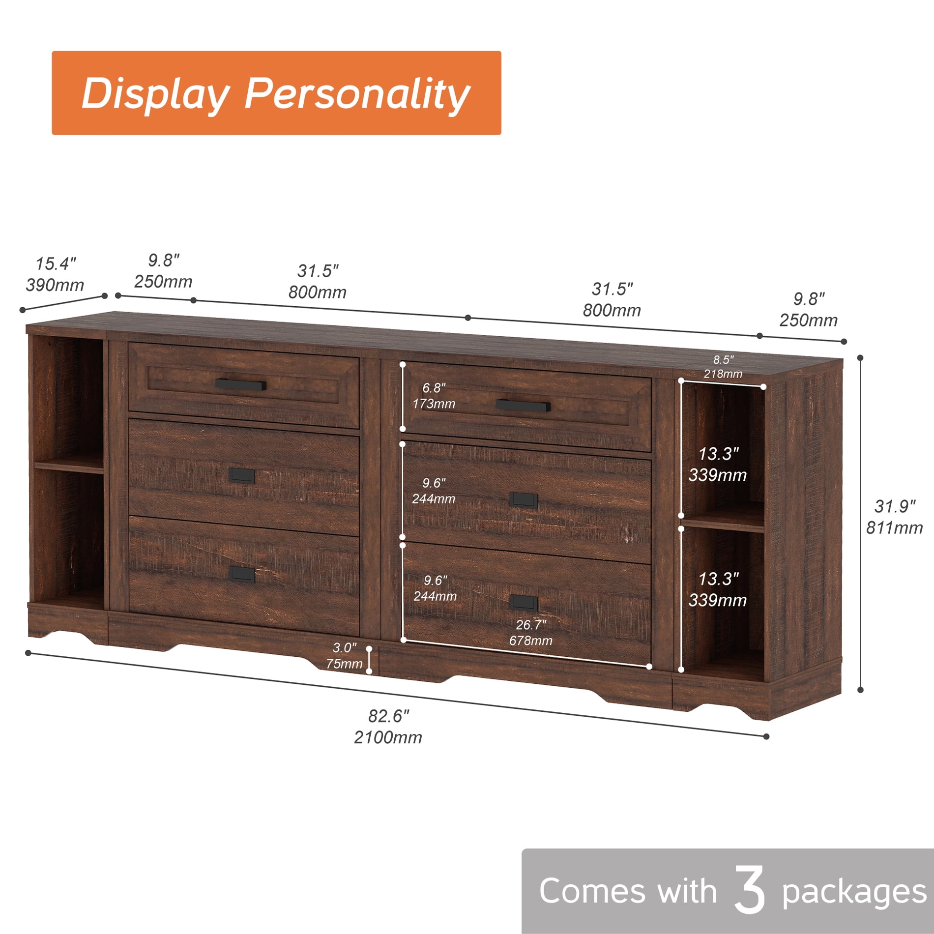 Farmhouse 4 in 1 Dresser TV Stand for 75 85 95" TVs ,Wood Entertainment Center with 6 Drawers Dresser Cabinet and Open Storage for Living Room ,Rustic Brown