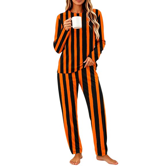 DISKEBUISS Pajama Sets for Women Halloween Print Long Sleeve Tops & Pants 2 Piece Casual Home Comfort