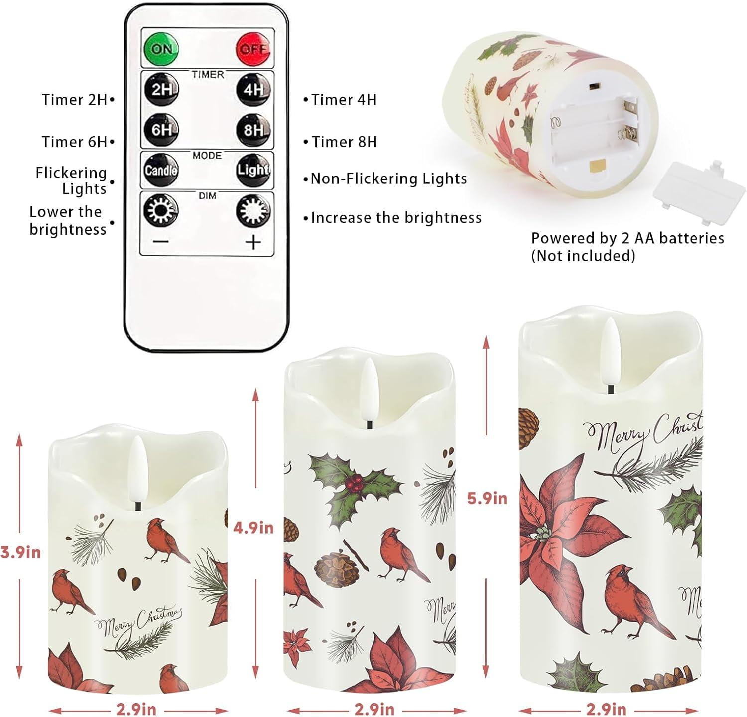 Christmas Flameless Candles, Set of 3 Flickering Red Cardinal LED Candles with Remote & Timer, Dimmable Real Wax Electric Pillar Candles Battery Operated for Home Christmas Decor