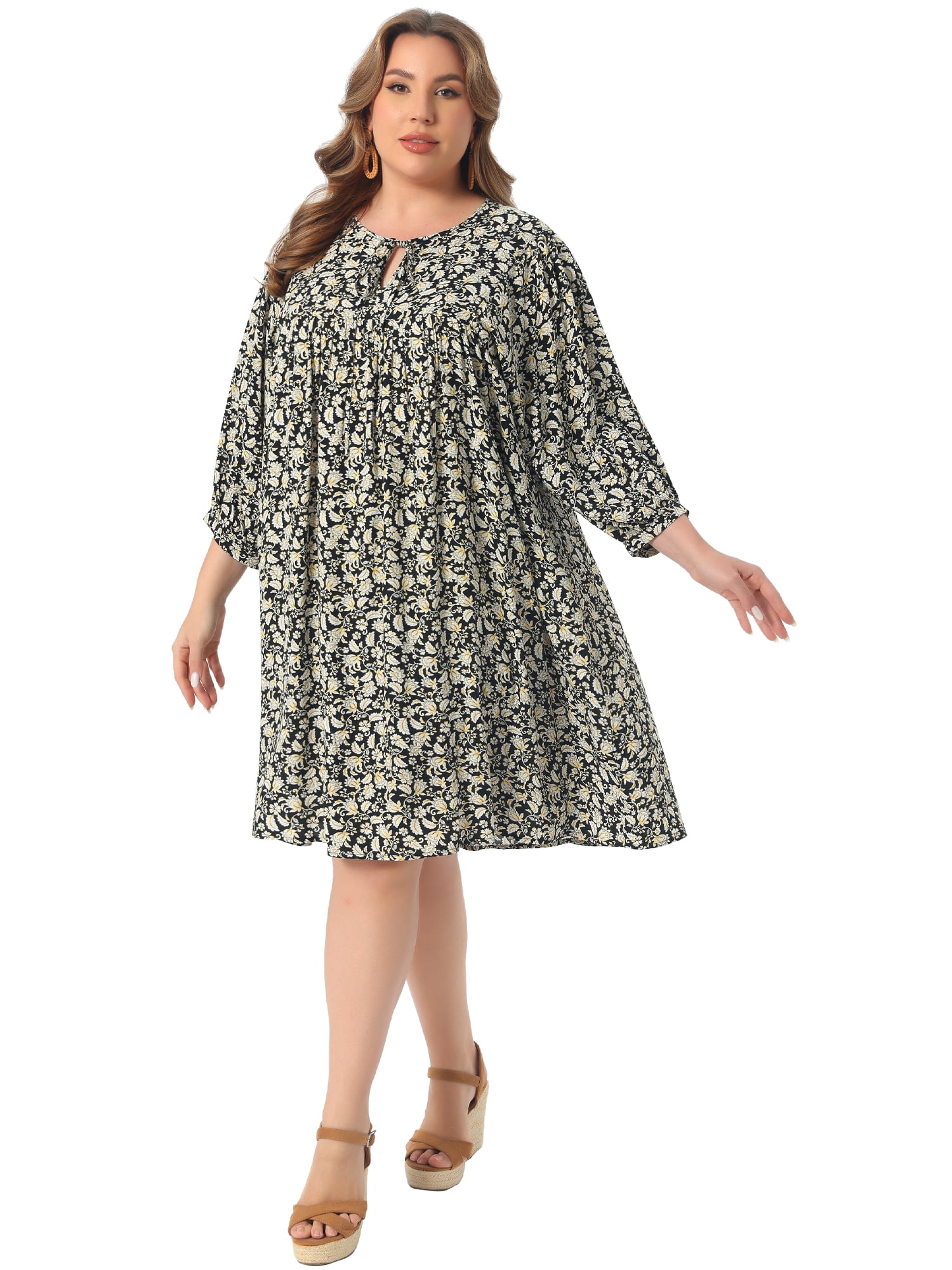 DARING DIVA Women's Plus Size Drawstring V Neck Babydoll Midi Flowy Dress 4X Black