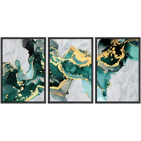 wall26 Framed Canvas Print Wall Art Set Geometric Gold Teal Smoke Wave Landscape Abstract Shapes Illustrations Modern Art Decorative Boho Colorful for Living Room, Bedroom, Office - 16"x24"