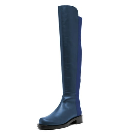 YDN Women Stretchy Pull On Round Toe Flats Knee High Boots Bi-Material Low Block Heel Long Boots Office Formal Shoes Size 9.5 Blue