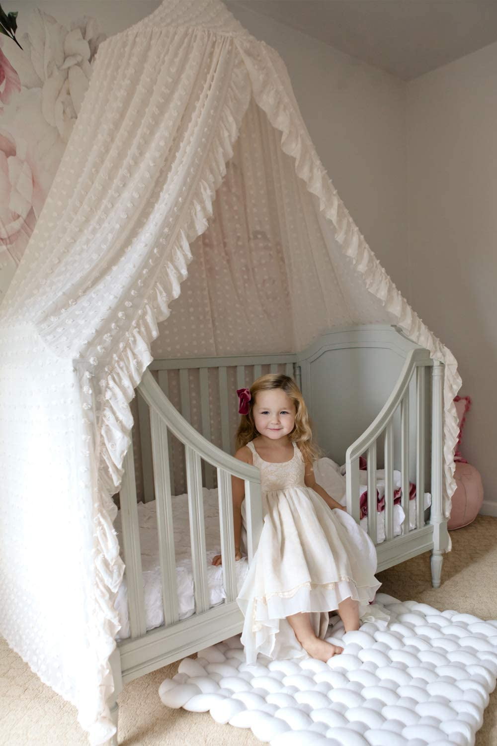 CAILDANL Elegant Kids Bed Canopy - Lace Chiffon Netting with Pom Pom, Princess Girls Fairy Dream Tent, Nursery Room Baby Crib Hanging Curtain Mosquito Net Children Reading Nook Decoration (Beige)