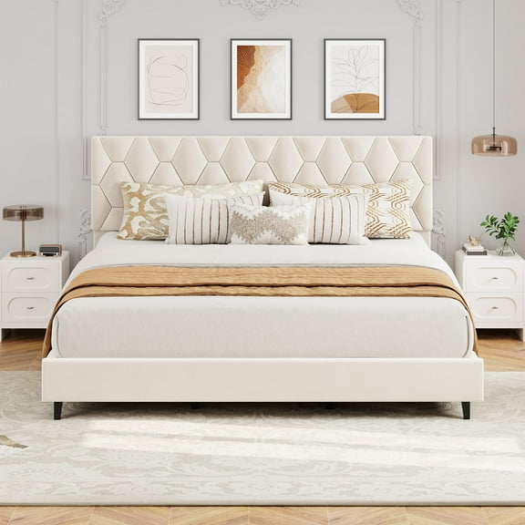 Beige King Bed Frame with Upholstered Headboard, Heavy-Duty Platform Bed Frame with Strong Wood Slats