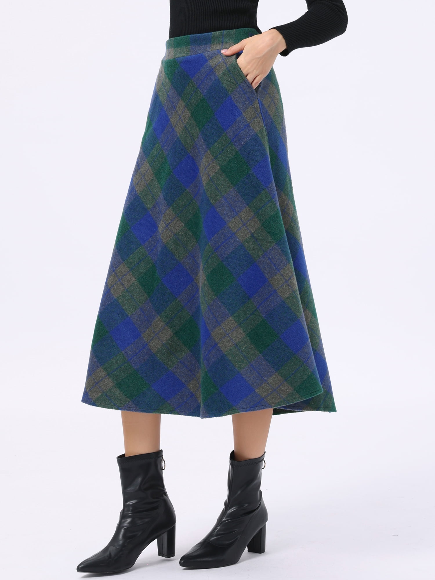 DARING DIVA Women's Vintage Plaid A-Line Work Long Maxi Skirt Small Blue