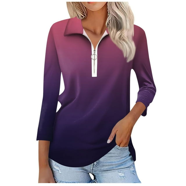 T-shirts pour Femmes Mode Féminine T-Shirt Imprimé Manches 3/4 Blouse Col Rabattu Décontracté