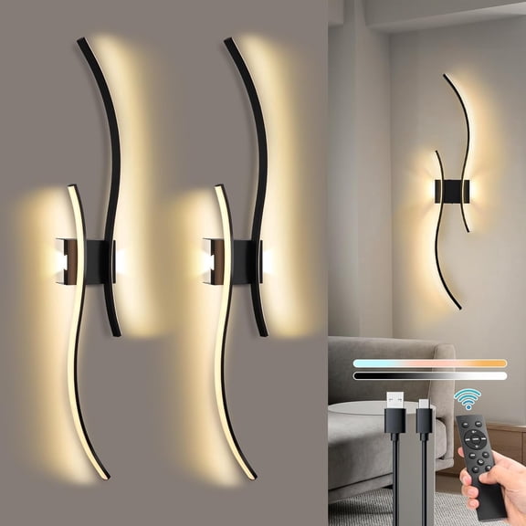 Laybasic 39.3" Large Battery Operated Wireless Wall Sconces Set of 2, Black Modern Rechargeable Wall Light with Remote, 3CCT Dimmable Wireless Wall Lamp for Living Room Bedroom Hallway