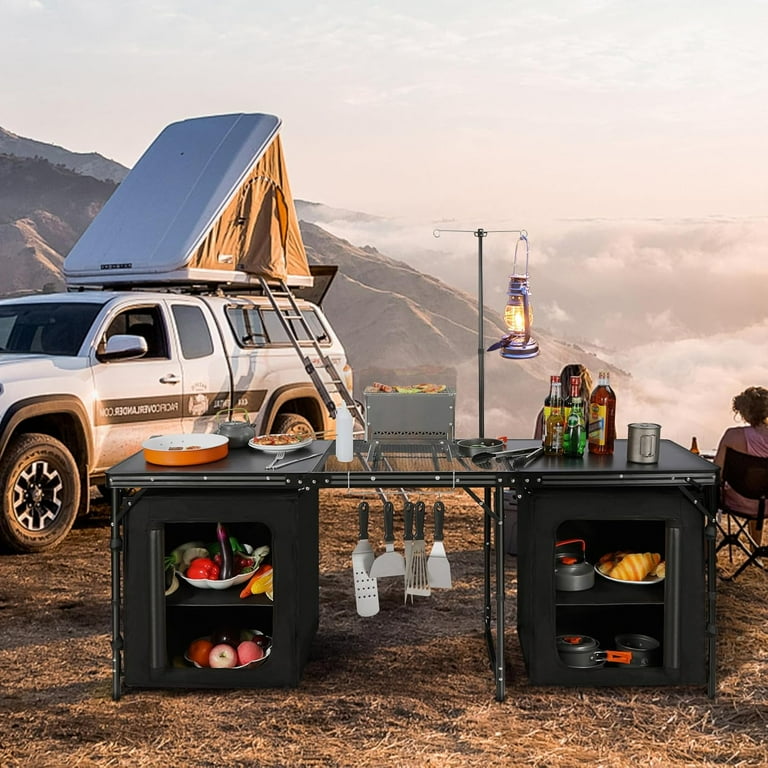 REDCAMP Extra Long Camping Kitchen Tri-fold Table with Storage